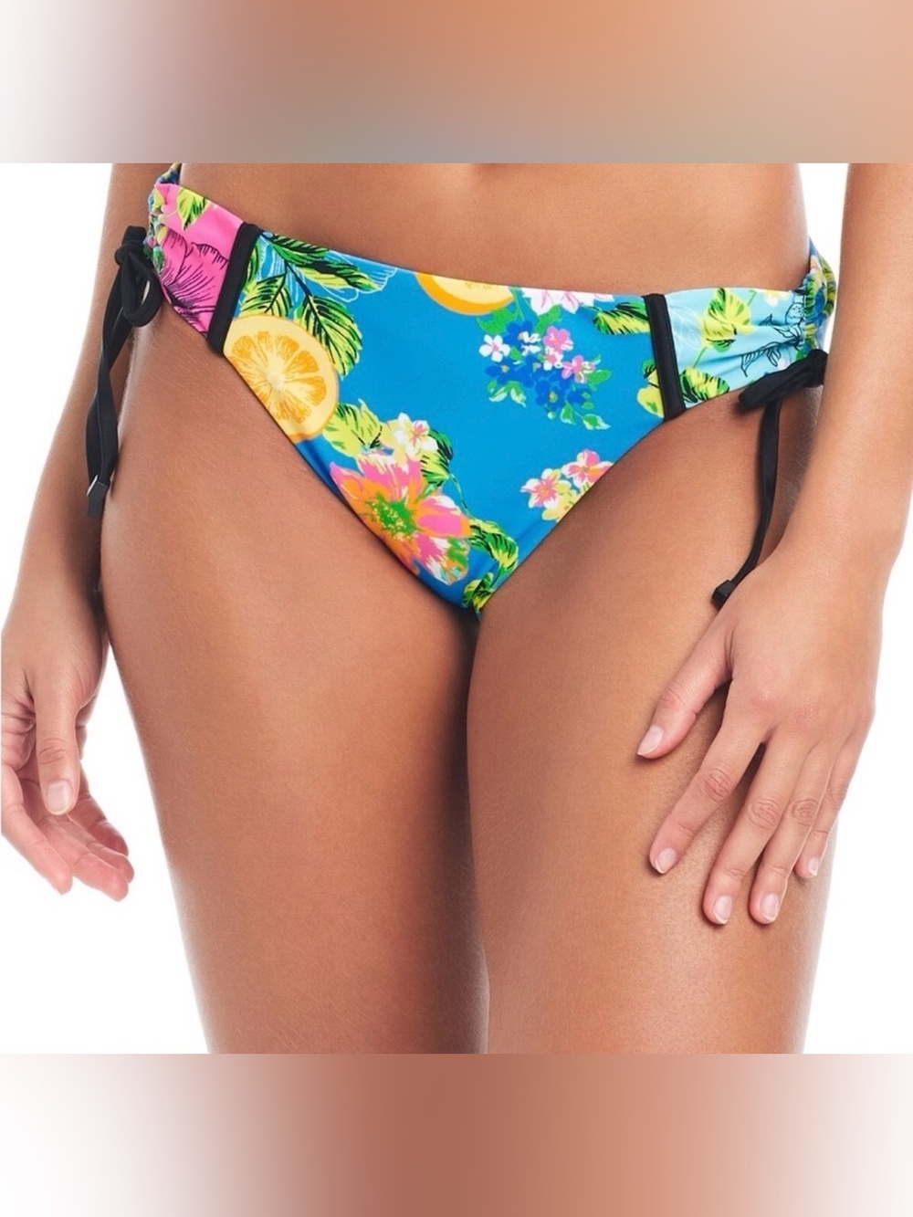 Bar III Blue Tropical Shirred Hipster Floral Tie-Side Bikini Bottoms Multi M NWT